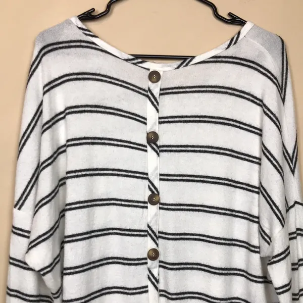 BKE Women’s Striped Fleece White Black Lightweight Buttons Back Sweater - Image 6