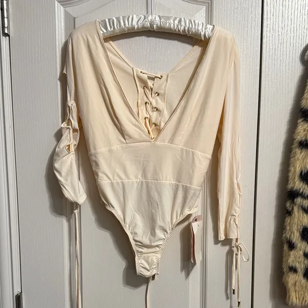 We‎ are HAH Free People Cream Lace Up Naughty Noosha Bodysuit Balletcore Dancer - Image 3