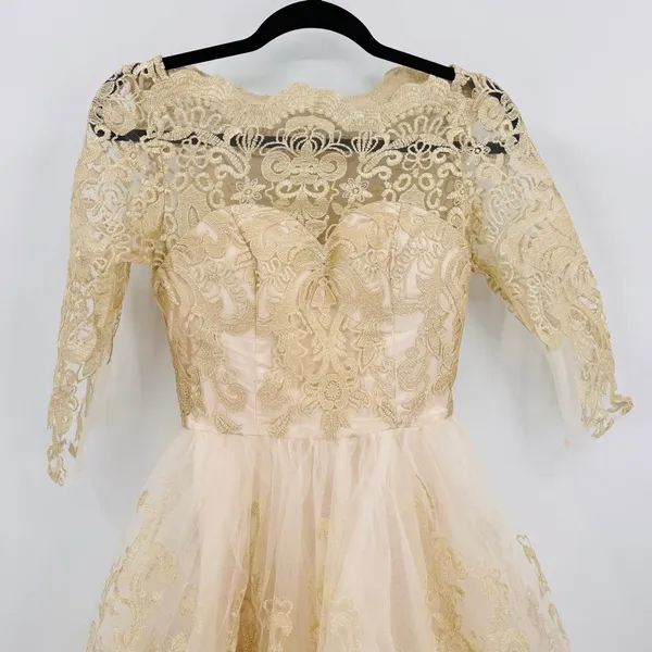 Sheer Gold Lace Overlay Formal Dress Sweetheart Neckline Victorian Regency Sz 2 - Image 2