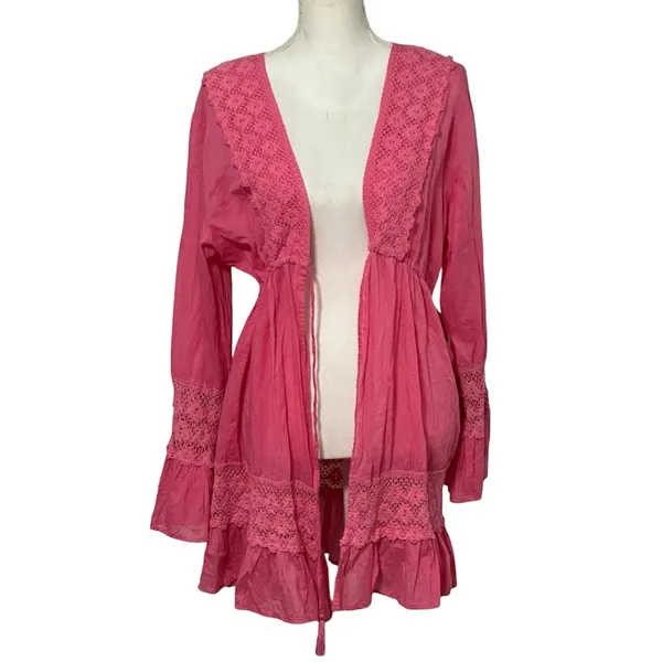 American Flirt Pink Beach Longsleeve Cover-up Tunic Lace with Tassel NWOT - Image 5