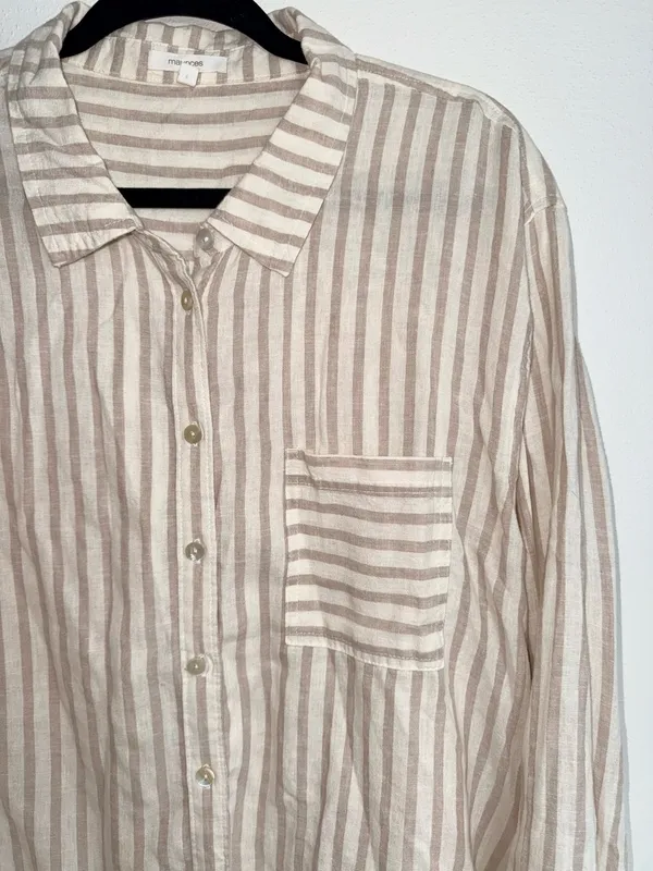 Maurices Cropped Striped Button Down Shirt Cream White Linen - Image 4