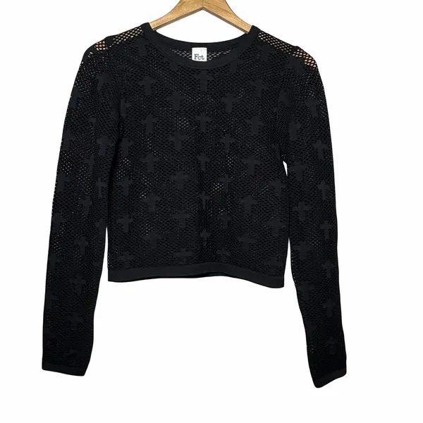 FCT With Love Basics XL Black Cross Mesh Crop Top Long Sleeve Whimsigoth Y2K - Image 2