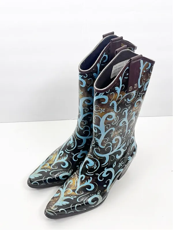 BOPS By Beehive Crain 02 Paisley Print Pointy Toe Rain Boots Size 6 Western Boho - Image 7