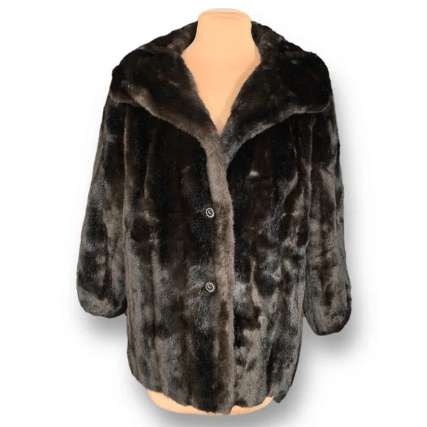 Vintage 60s Tissavel Faux Mink Swing Coat Dark Brown Plush XL Glam Winter‎ - Image 3