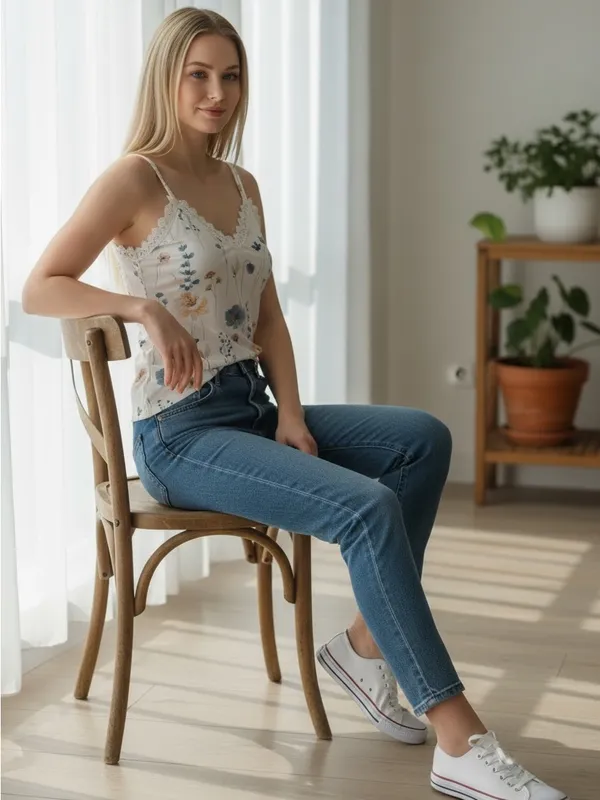 Floral Lace-Trim Camisole Top - White with Blue & Tan Flowers - Image 2