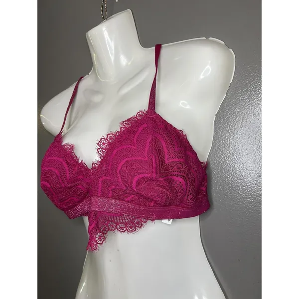 Free People Bralette Bra Womens M Pink Lace Sheer Mesh V Neck Strappy Wireless - Image 3