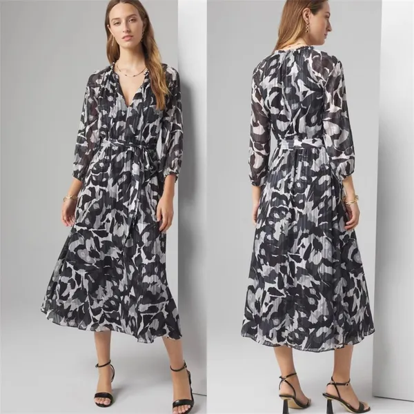 White House | Black Market Black White Chiffon Midi Dress Belted Sheer Sleeve Autumn Wedding Guest - Image 2