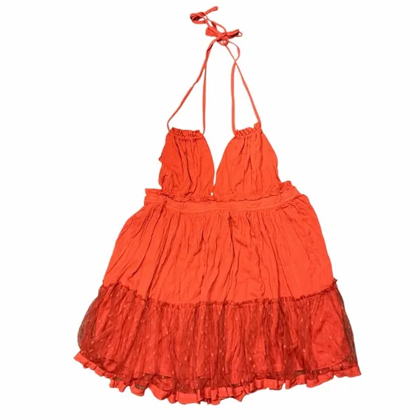 Halter Babydoll Mini Dress Boho Mesh Swiss Dot Hem Small Red Orange - Image 10