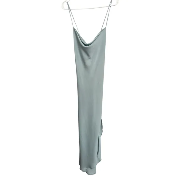 ASTR The Label Light Blue Satin‎ Cowl Neck Midi Slip Dress L Cross Back Slit - Image 3