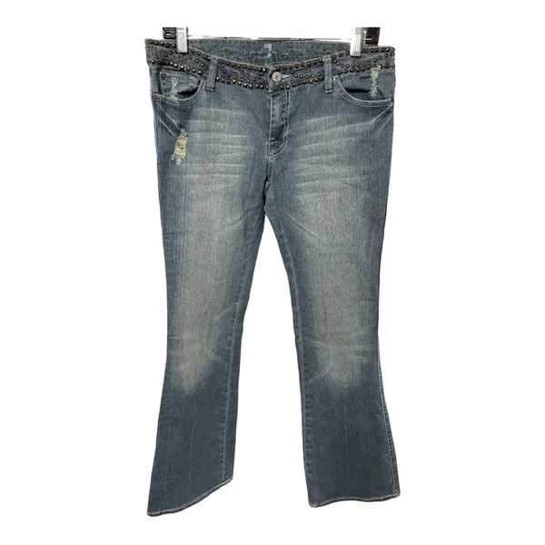 7 For All Mankind Flare Sz 28 Blue Studded Waist Distressed dark Havana jeans - Image 2
