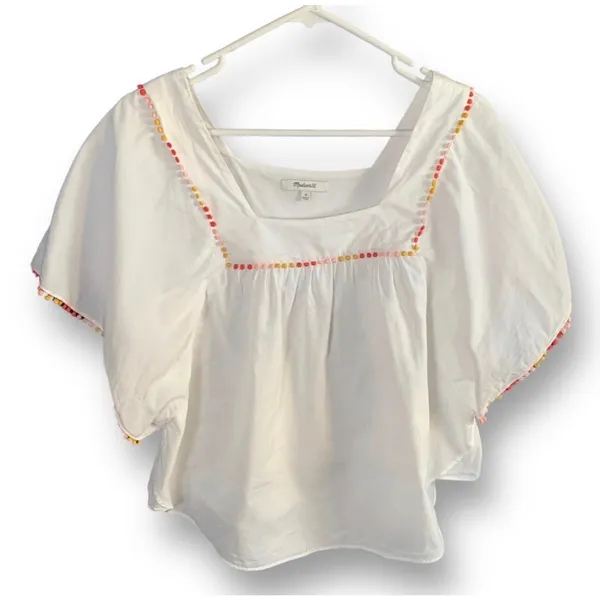 Madewell‎ White Cotton Pom PomTrim Blouse Medium Boho Festival Butterfly Top - Image 2