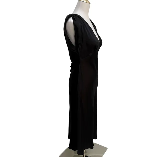 Zara Woman 100% Silk‎ Midi Dress Large Blank V-Neck Rouch Sleeve Slip Classy LBD - Image 4