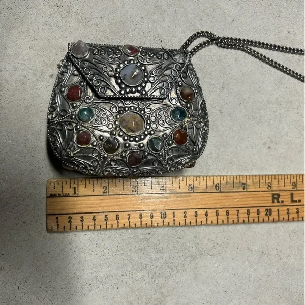 Vintage Sajai Metal Purse with Multicolor Agate Stones and Silver Chain Strap - Image 11