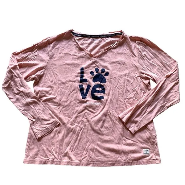Life is Good Pajama Set Womens Large Pink Plaid Love Paw Print Loungewear Preppy - Image 4