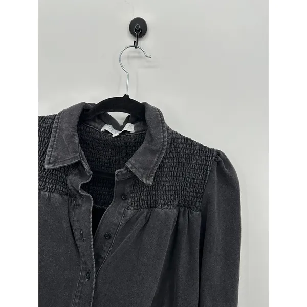 Veveret Womens Smocked Denim Shirt Jacket Puff Sleeve Washed‎ Black Small - Image 5