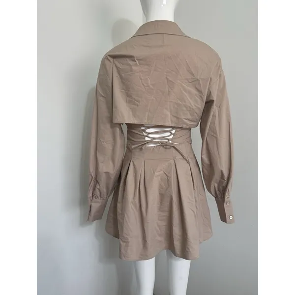 Bershka Tan Corset Mini Dress Women’s S Long Sleeve Open Back Lace-Up - Image 6