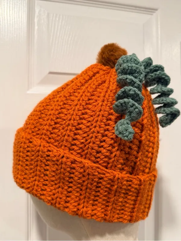 Handmade Crochet Pumpkin Beanie Orange Ribbed Hat Green Vine Pom Pom Fall - Image 2
