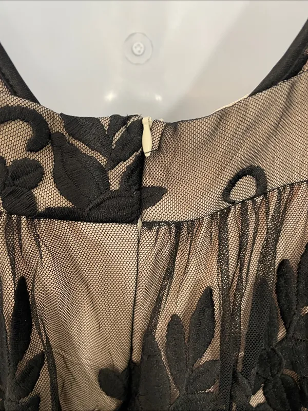 DOKOTOO Plunging V-Neck Black Floral Lace Overlay Maxi Dress in Taupe Lining - Image 5