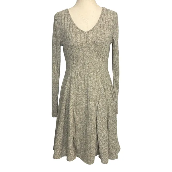 Halara Womens Long Sleeve Ribbed V-Neck Fit & Flare Mini Dress Oatmeal Grey‎ S - Image 2