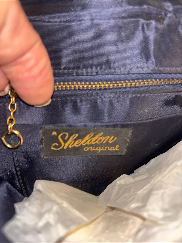 Sheldon Original..Vintage Navy Blue Suede With Gold Toned Crossbody Chain - Image 13
