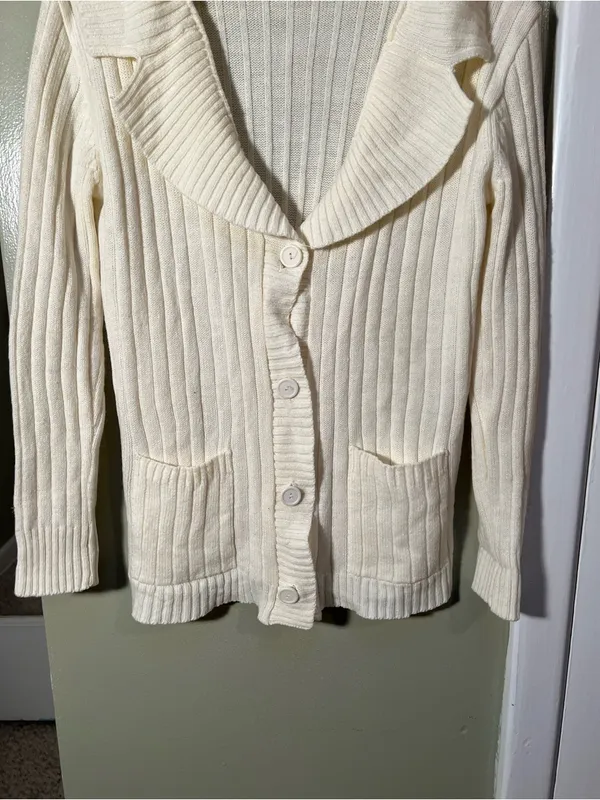 Vintage Kmart Women's Size Medium Cardigan Sweater Cream White Collared Pockets - Image 3