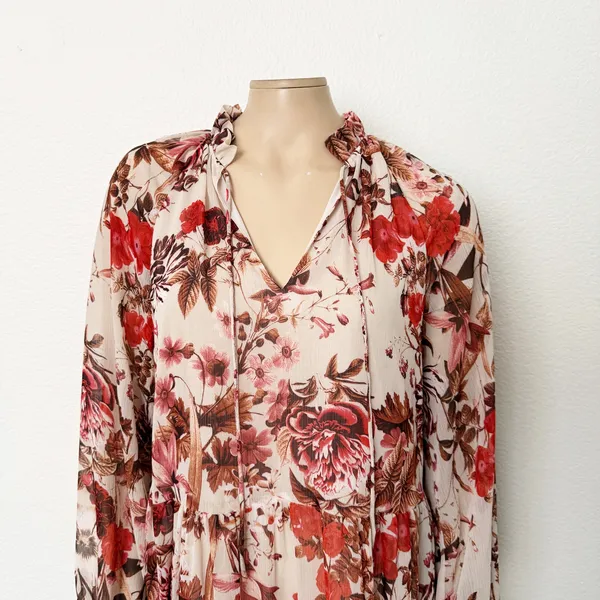 [H&M] Pink Floral Print V-Neck Tiered Chiffon Balloon Sleeve Mini Dress Size 6 - Image 3