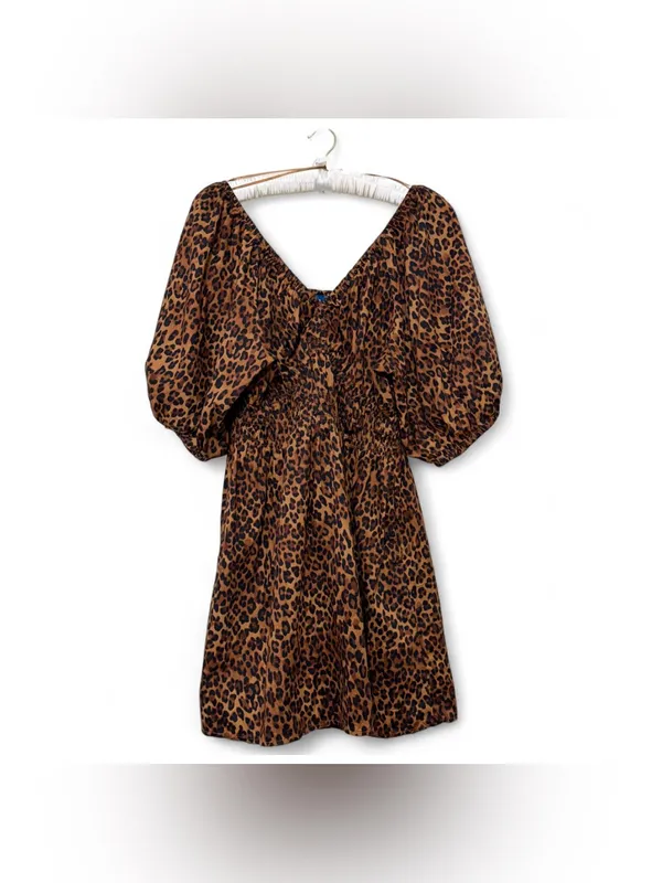 Old Navy Women’s V-Neck Leopard Smocked Puff Sleeve Mini Dress Size Large - Image 3