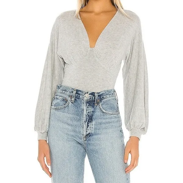 Majorelle Women Bodysuit Gray V-Neck Balloon Sleeve Knit Small - Image 2