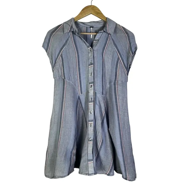 Free People New Spring Love Tunic Top Womens S Blue Striped Button Front Beachy - Image 3