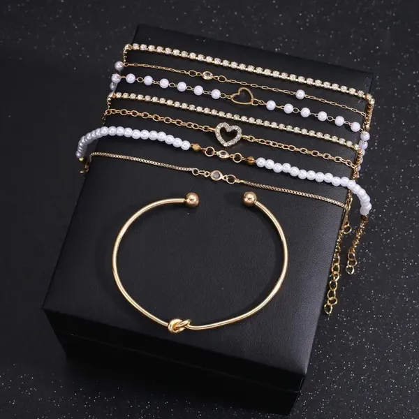 NEW Set of 8 fashion bracelets, open cuff bangle, pearl and gold jewelry, anklet - Image 3
