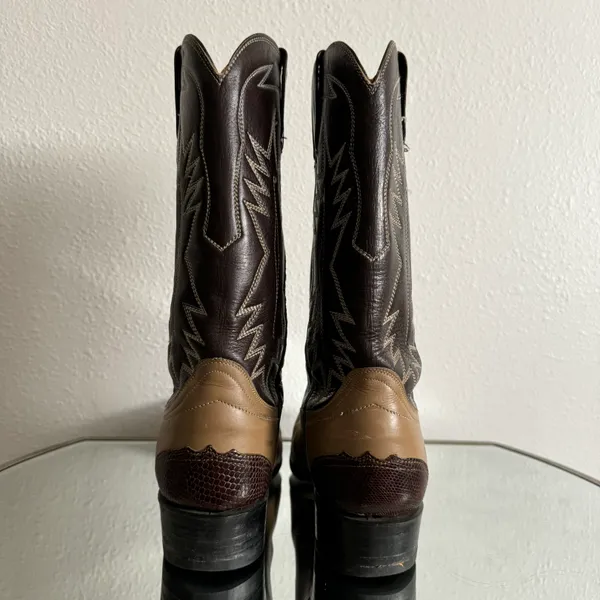 Vintage Brown Tan Leather Western Festival Wingtip Mid Calf Heeled Cowboy Boots - Image 9