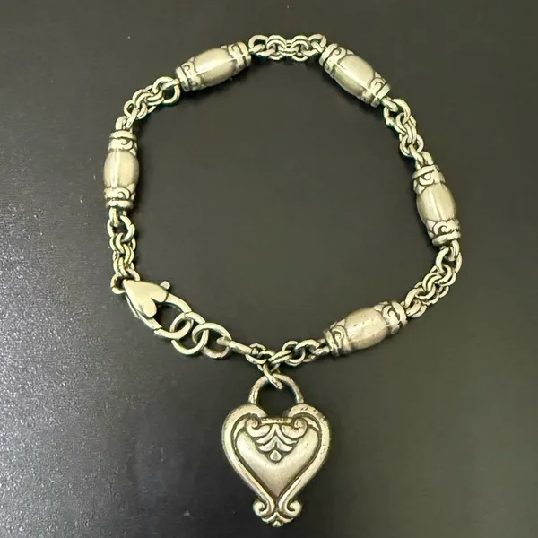 Retired BRIGHTON Blair Heart Barrel Link Chain Silverplated Heart Charm Bracelet - Image 4