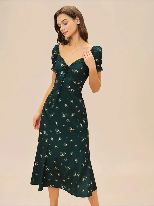 Rihoas Green Puffed Sleeve Floral Midi Dress - Image 3