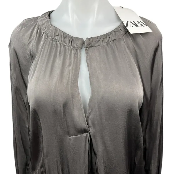 NEW Zara Silver Gray Silky Keyhole Round Neck Long Sleeve Blouse Top Size XS - Image 3