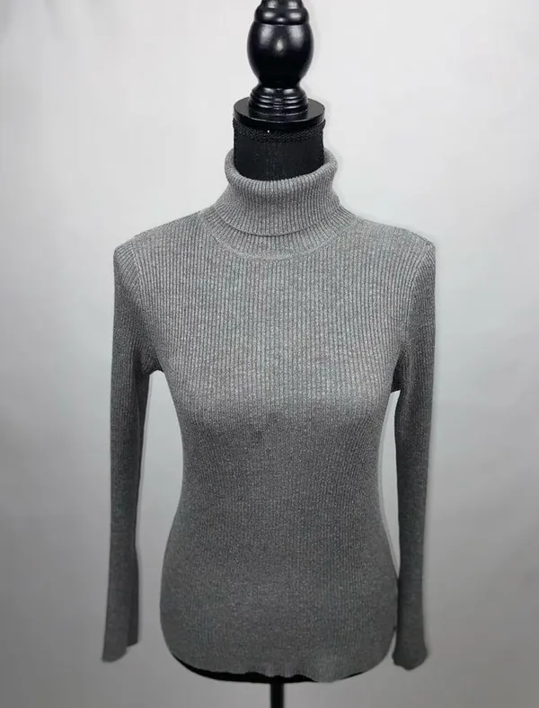 Turtleneck Sweater Grey Rib Knit Large Ambiance Apparel Stretch Top - Image 2