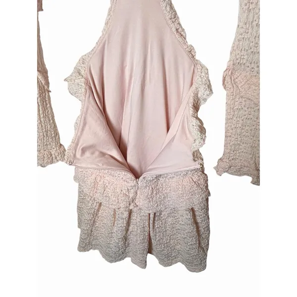 SABO Pink Eyelet Cutout Ruffle Mini Dress Long Sleeve Size 2 - Image 13