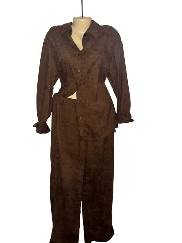 Corduroy Women's Brown Two-Piece Baggy Button Shirt & Wide-Leg Pants Set - Image 3