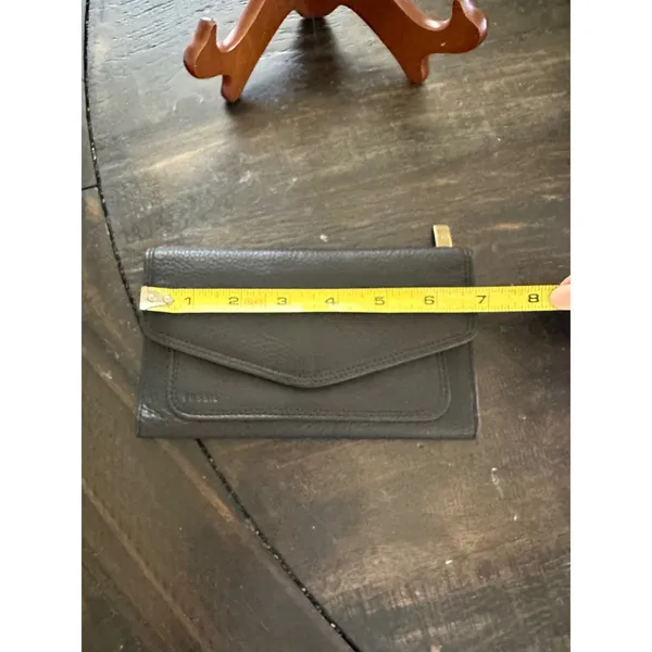 Fossil Black Pebbled Leather Trifold Clutch Wallet Envelope Snap Brass Hardware - Image 6