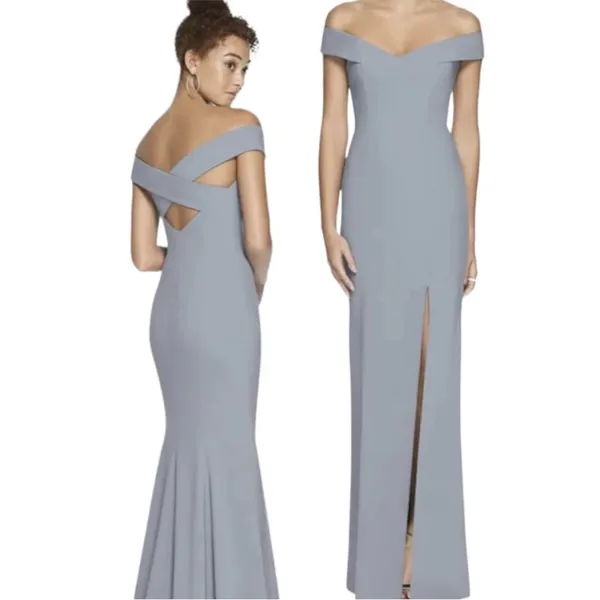 Dessy Collection‎ OFF-THE-SHOULDER CRISS CROSS BACK TRUMPET GOWN Platinum - Image 2