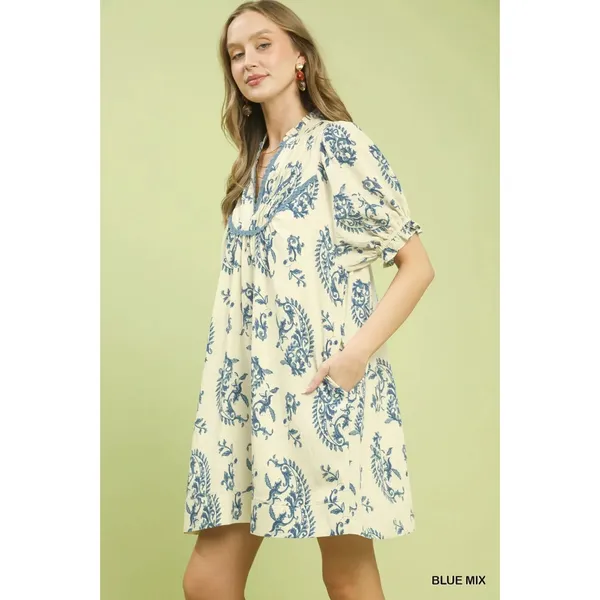 Umgee Mix Paisley Scallop Trim Dress - Blue Mix - Small - Image 2