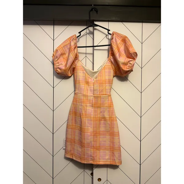 ASOS Design Women’s 6 Pink Orange Plaid Cut Out Puff Sleeve Zipper Mini Dress - Image 3
