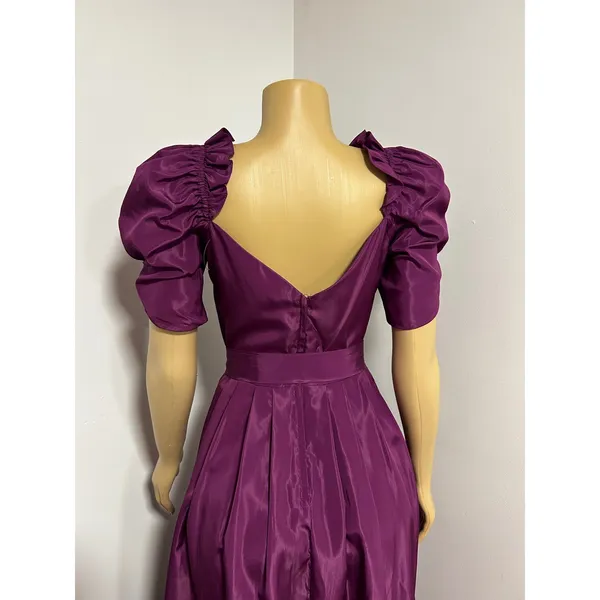 Vintage 80s Plum Purple Ruffle Puff Sleeve Maxi Dress Prom Gown Size 11/12 XS S - Image 5