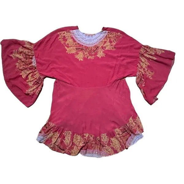 Free People Sunset Dreams printed flare sleeve blouse sz Small red‎ - Image 7