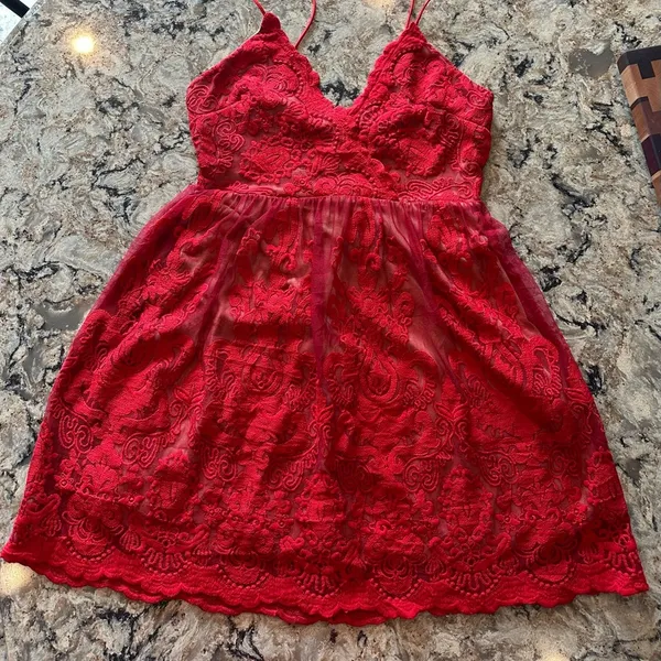 Red Lace Dress AUDINE Southern Fried Chics Antique Lace Western Boho Prom Sz M - Image 2