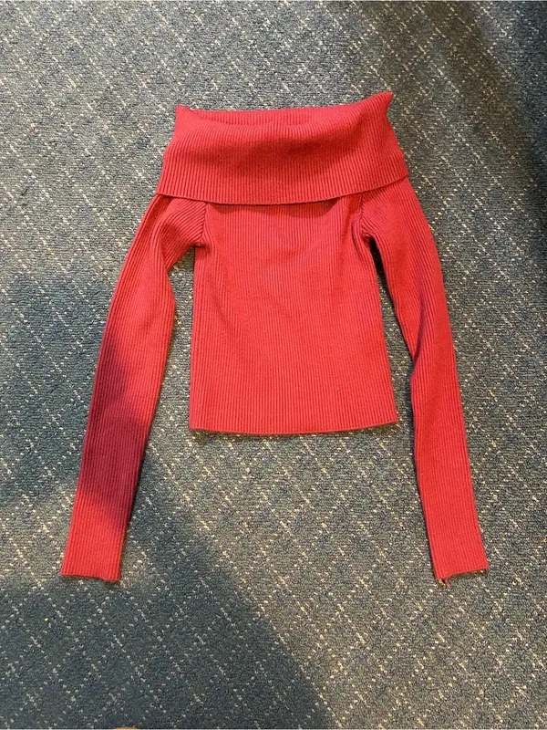 Forever 21 Off-the-Shoulder Fold-Over Ribbed Sweater - Red - Image 2