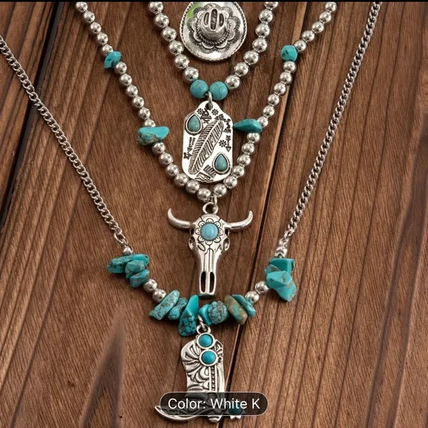 Women’s Bohemian Faux Turquoise & Silver Layered Pendant 4 Pc Necklace Set - Image 5
