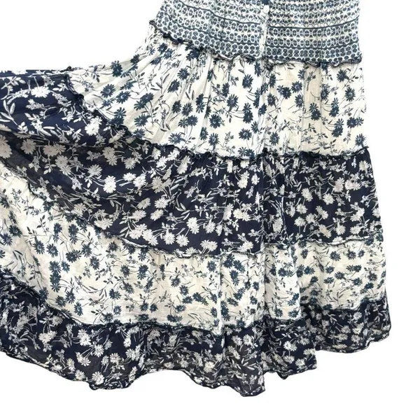 Mixed floral print boho smocked shirred midi maxi patchwork navy white dress - Image 4
