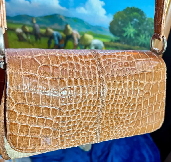 Liz Claiborne VTG 90s Boho Croc Embossed Synthetic Leather & Woven Straw Shoulder Bag - Image 7
