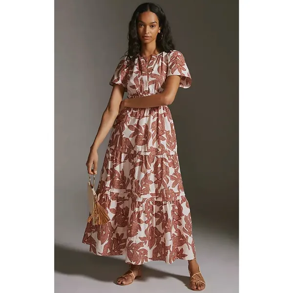 Anthropologie Somerset Maxi Dress Size XS Neutral Floral Dot Brown Cotton - Image 7