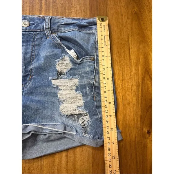Aeropostale High Waisted Midi Blue Denim Jean Shorts Cuffed Size 6 Distressed - Image 7